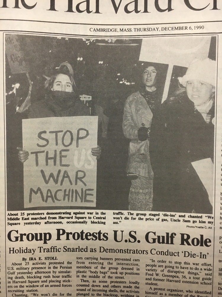 In this photograph from December 1990, about two dozen protesters gathered in Harvard Square, marching and shouting about the U.S. involvement in the Gulf War.