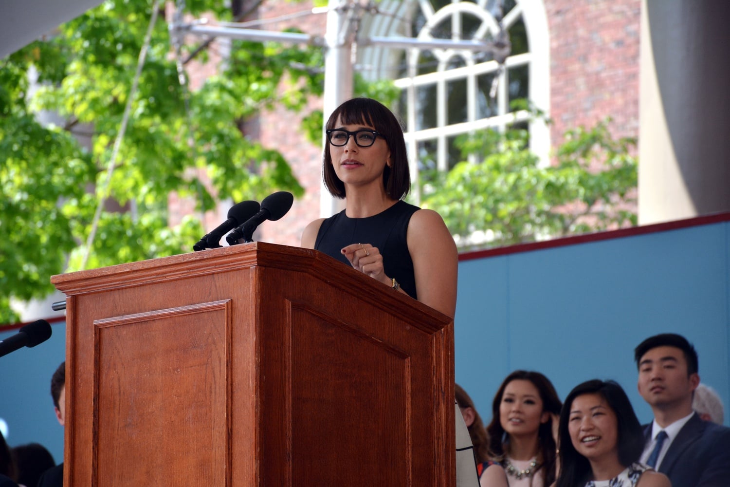 Rashida L. Jones '97 addresses the Class of 2016 at the College Class Day.  Referencing a Crimson article in which she was quoted in 1995, she advised the Class of 2016 to pull the lever on the Froyo machine of life.