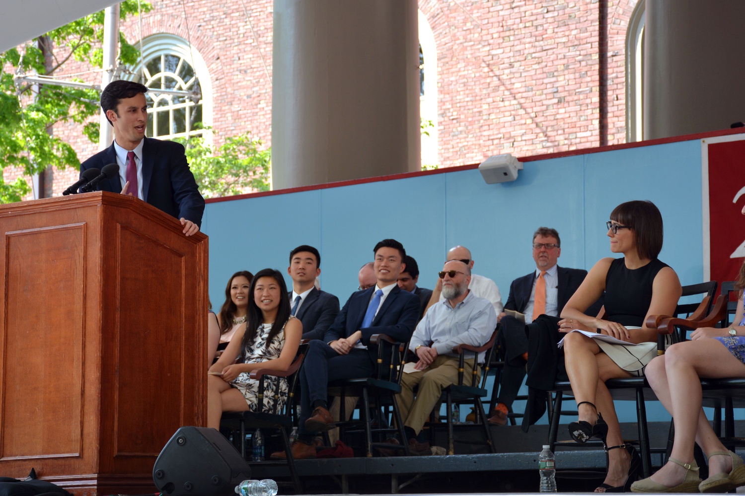 Ivy orator Aaron I. Henricks '16 delivers his speech at the College Class Day. "No on is better at playing the friends of funny people than you are," he said to Class Day Speaker Rashida L. Jones '97, referencing her career which includes playing Leslie Knope's best friend Ann Perkins on 'Parks and Recreation'.