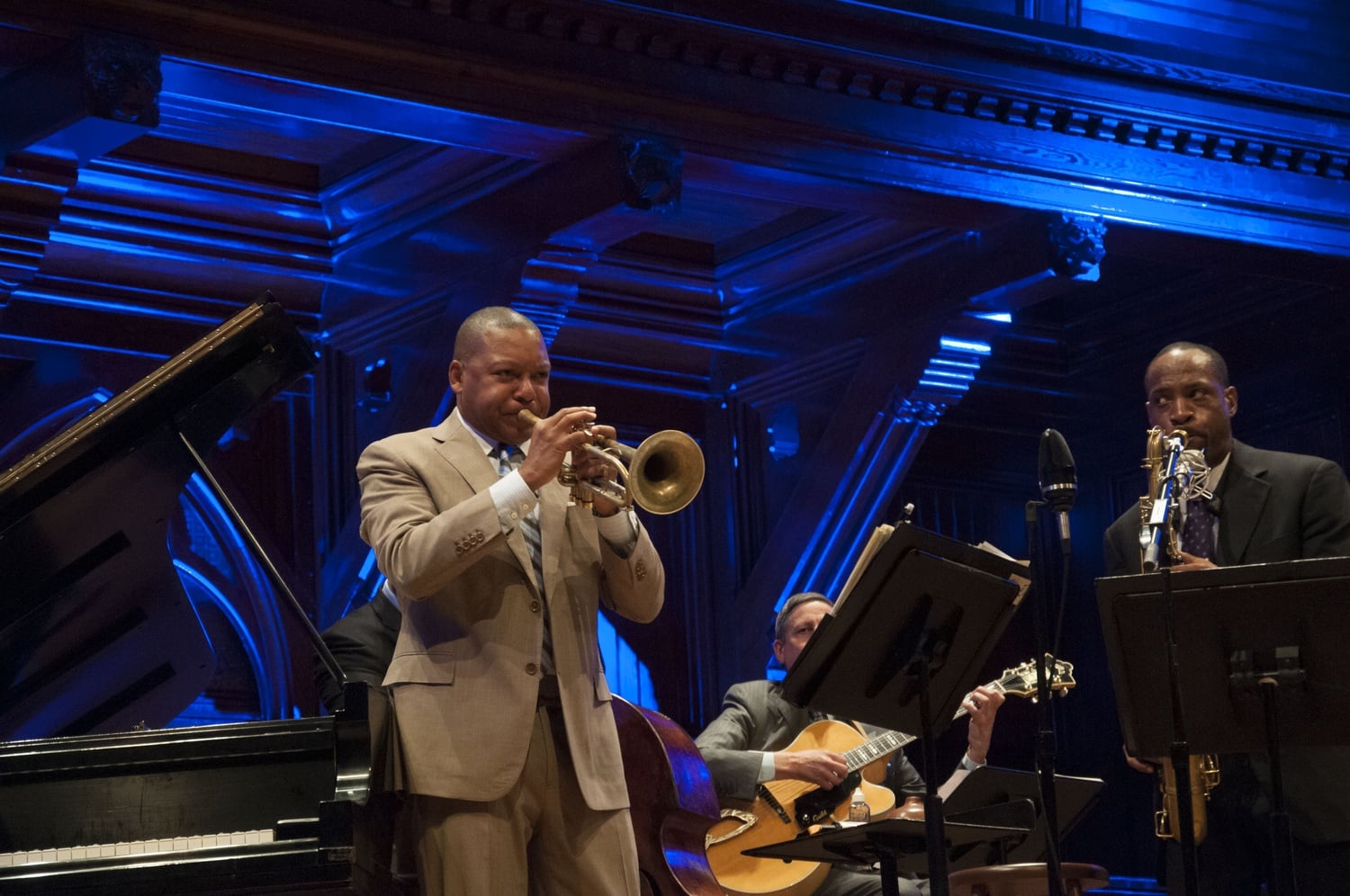 Wynton Marsalis performs a portion of his Pulitzer-winning jazz oratorio “Blood on the Fields” in Sanders Theatre on the opening night of the Nieman Foundation’s centennial celebration of the prize. Marsalis alternated between performing and speaking to how the celebration’s themes, power and accountability, were raised in his work.