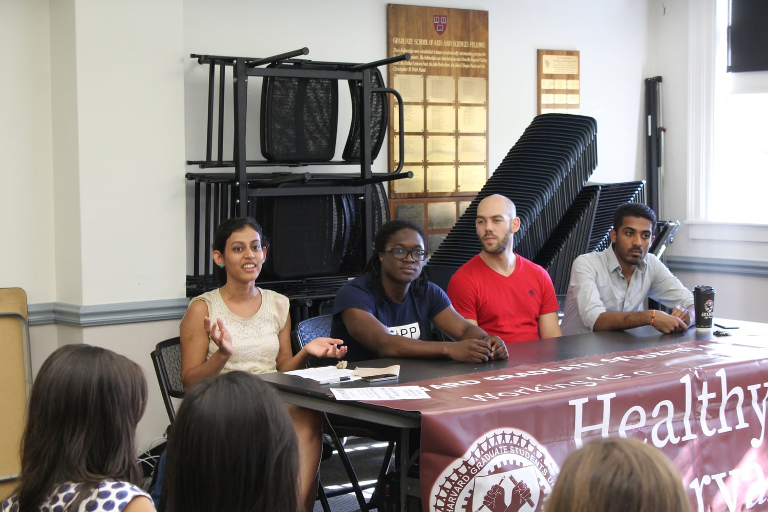 Members of Harvard's student unionization effort hold an information session in September 2016.