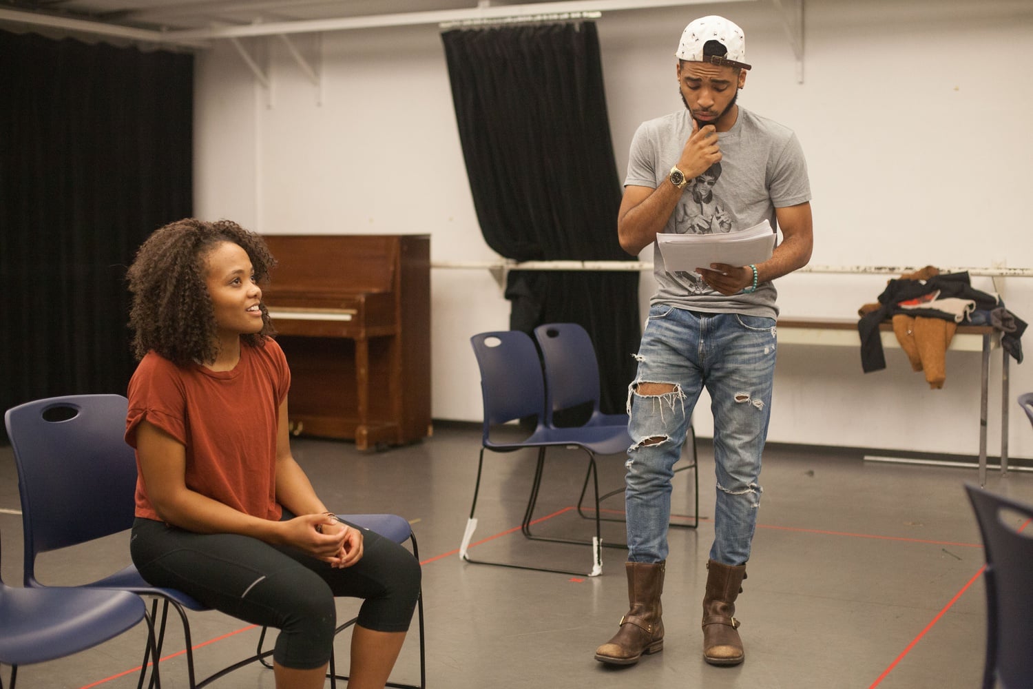 Peryn E. A. Reeves-Darby ‘18 and Robert Rush ‘18 rehearse for “Stop Kiss,” a production which opens in the Loeb Ex on September 22.