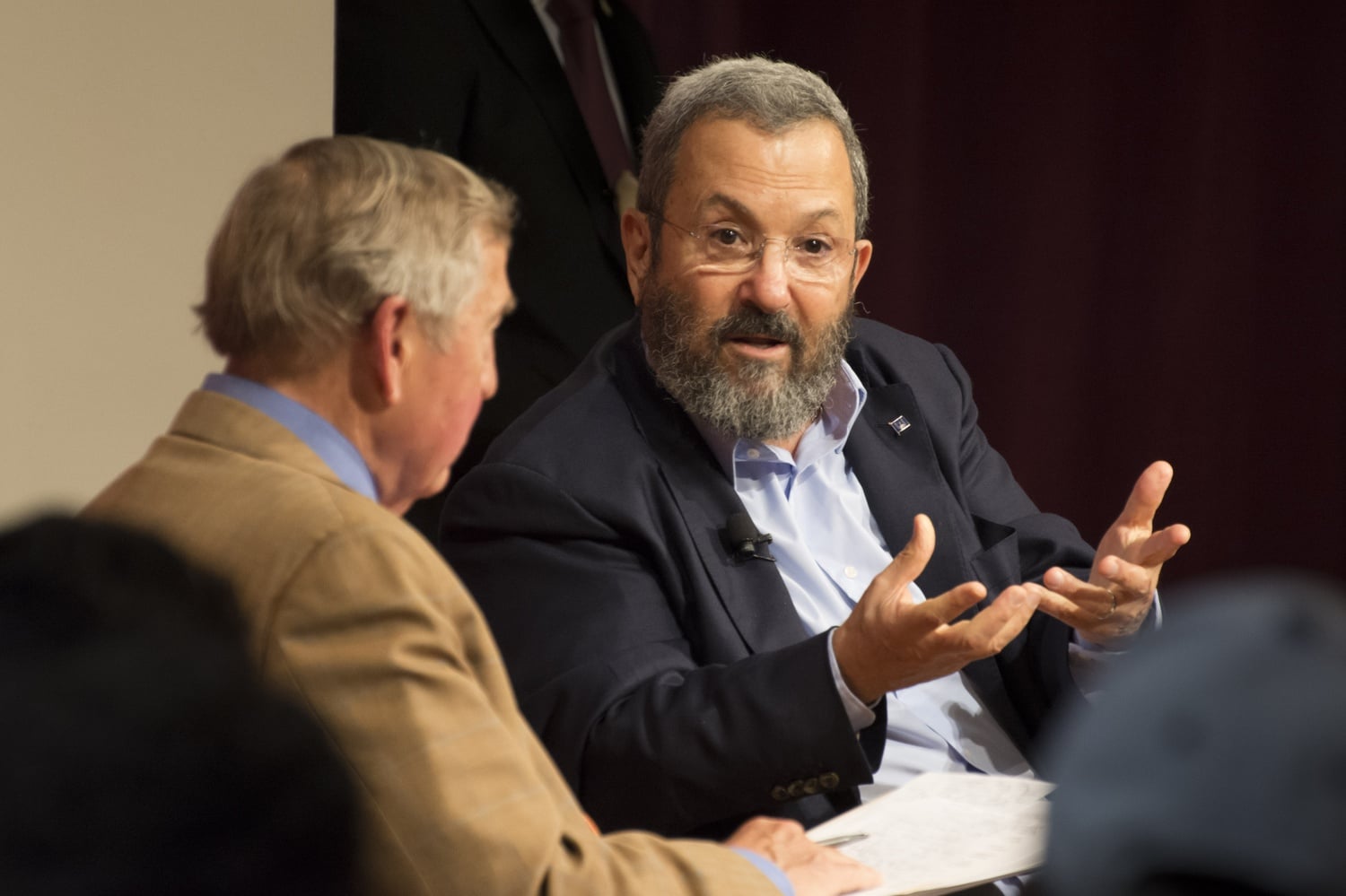 Former Prime Minister of Israel Ehud Barak answers an audience member’s question about the two-state solution as moderator and Kennedy School Professor Graham Allison looks on. Barak spoke at the JFK Jr. Forum Wednesday evening as part of the 2016 Lamont Lecture.