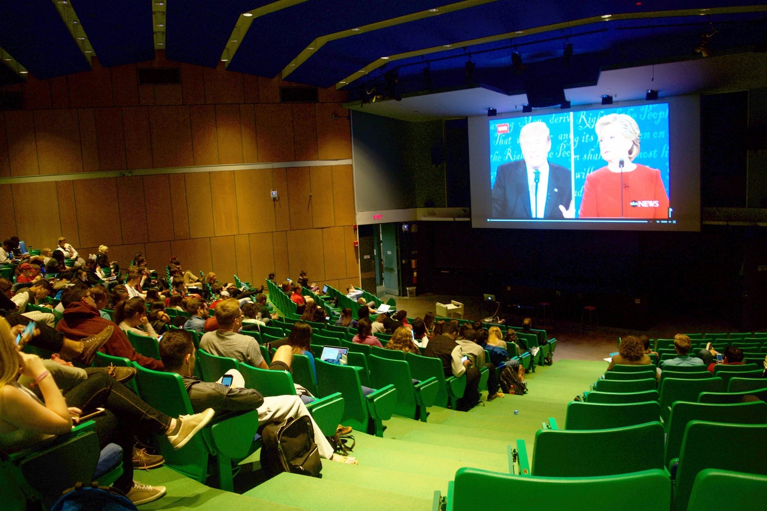 Students gather in Science Center Hall B to watch the highly anticipated presidential debate.