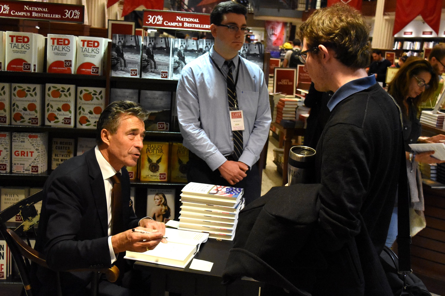 Former Secretary-General of NATO and former Prime Minister of Denmark Anders Fogh Rasmussen signs his new book at the COOP Monday afternoon. His book, entitled “The Will To Lead,“ calls for American leadership in international affairs.