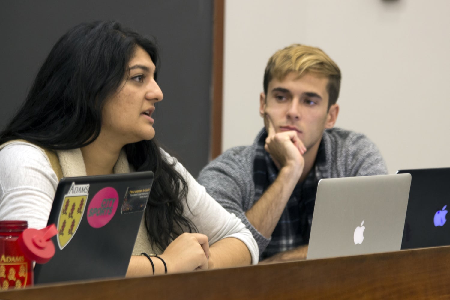 Undergraduate Council President Shaiba Rather ’17 and Vice President Danny V. Banks ’17 preside over Monday night’s general meeting in Harvard Hall. A proposal to establish a $1,500 yearly stipend for both positions is currently being explored.