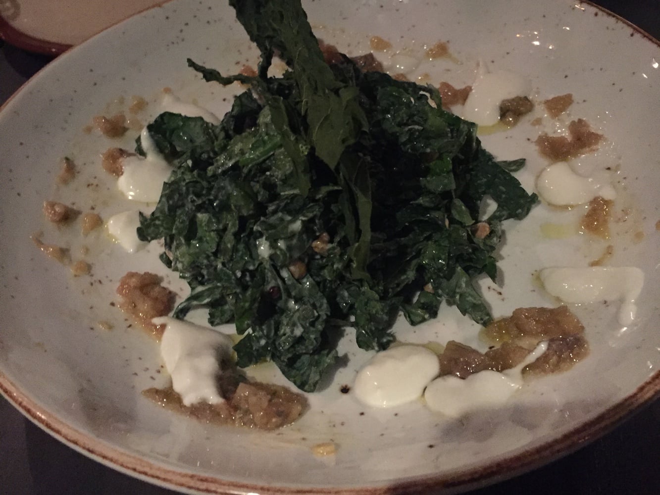 Flyby was not impressed with the Kale salad. Or the splattering of sauces. 