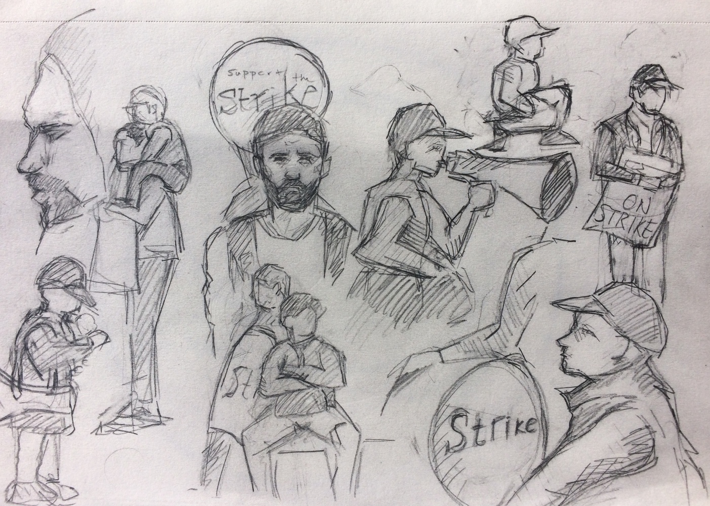 Scenes from the HUDS strike.The contrast between the constantly moving people and the comparatively stable and stagnant architecture is reflected in the differences between the qualities of line, shape and shade in the two sketches.