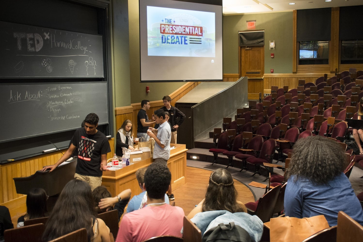Students gathered to watch the third presidential debate in Sever Hall during an event hosted by TEDxHarvard.