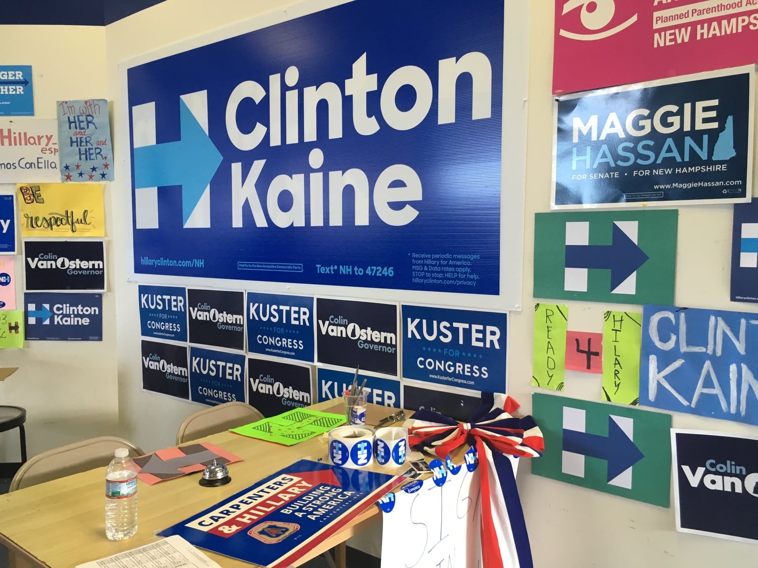 A wall of Clinton signs inside Nashua Democratic Party headquarters.