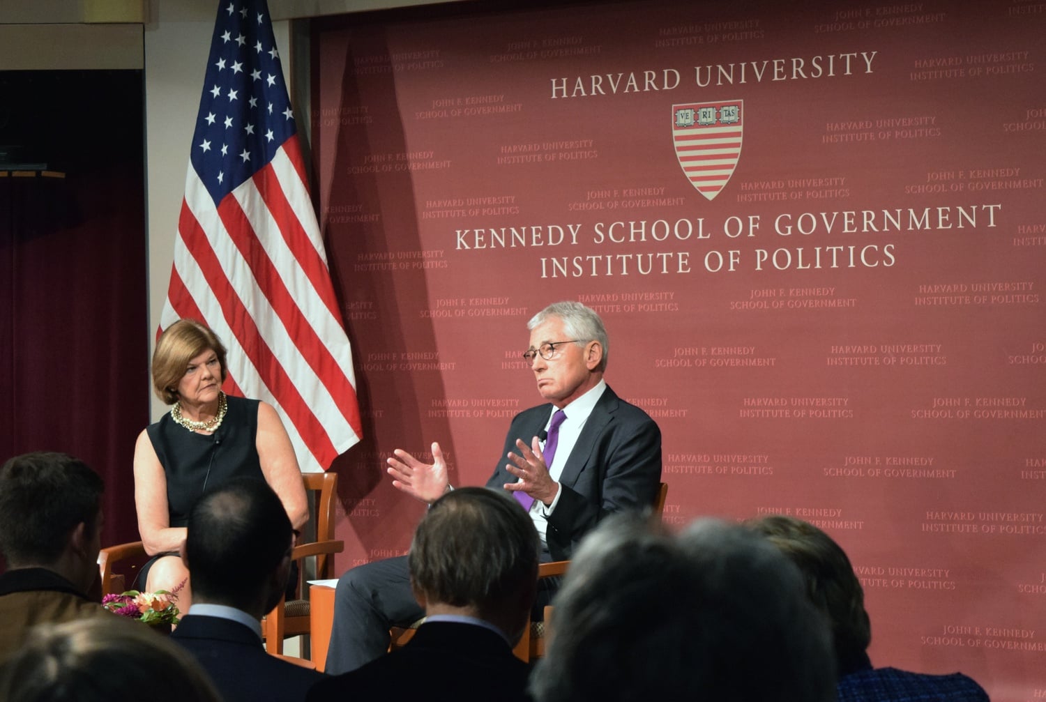 Charles T. Hagel, former US Secretary of Defense, answers questions about his nomination process at the IOP on Tuesday night. Hagel is a visiting fellow at the Institute of Politics.
