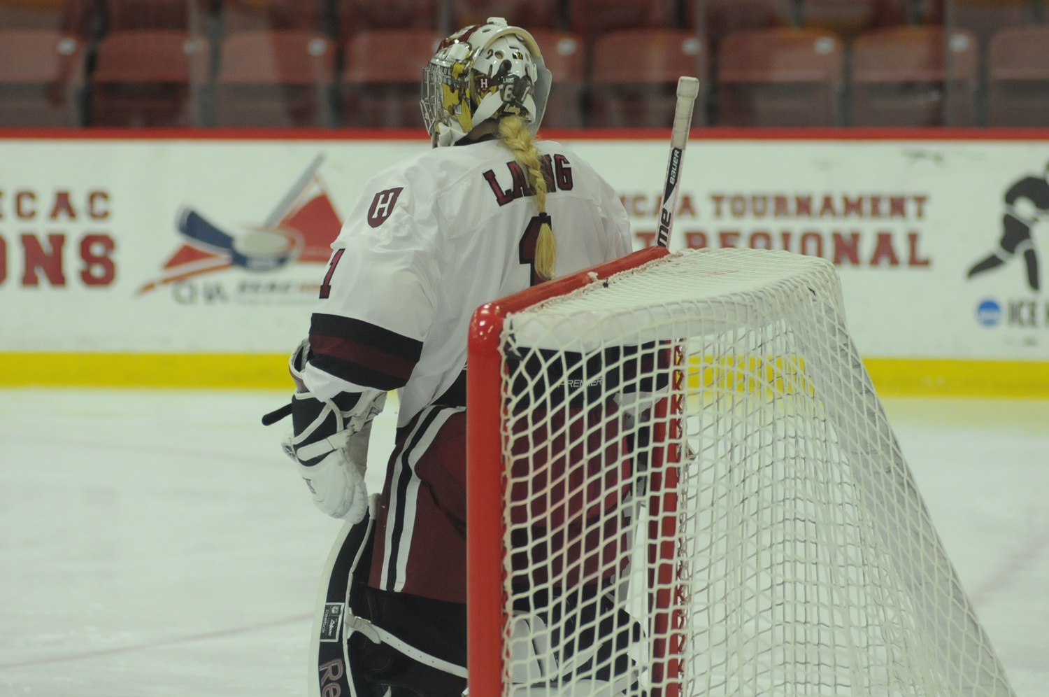 Senior goalie Brianna Laing, here shown in a matchup with Brown last season, will compete with fellow senior goalie Molly Tissenbaum to replace graduated bedrock Emerance Maschmeyer.