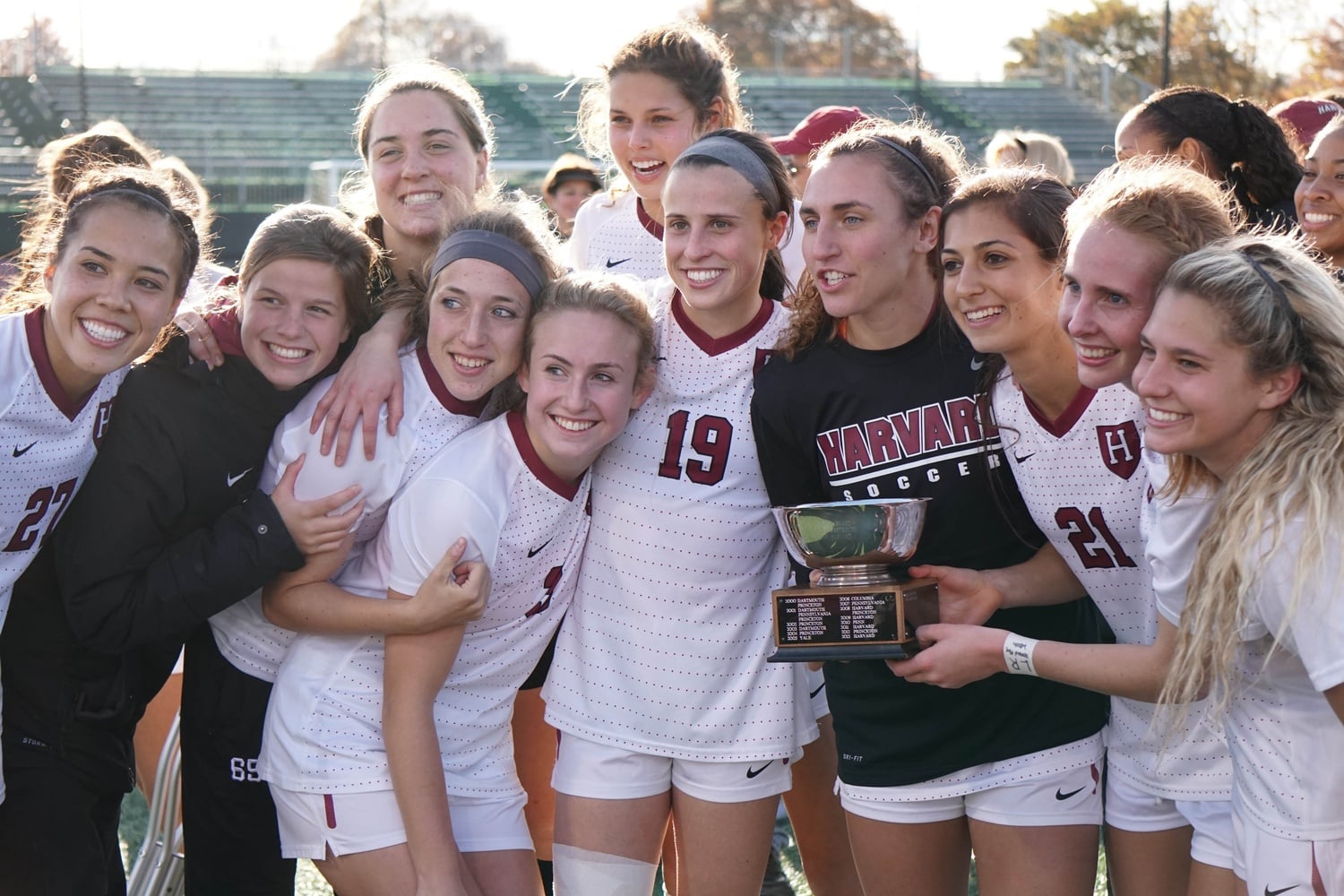 The Women's Soccer team celebrates winning the Ivy League Championship after a win in overtime against Columbia on Saturday