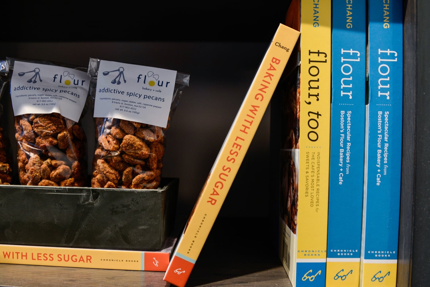 A shelf inside Flour holds Joanne's books.