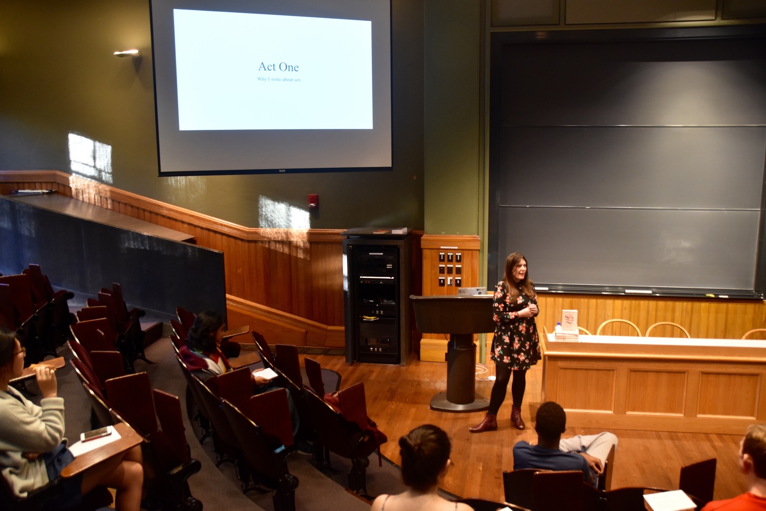 Rachel Hills, author of “The Sex Myth,” speaks during a talk titled “Busting Sexual Stereotypes” on Friday in Sever Hall. The event was held as part of the annual Harvard Sex Week.
