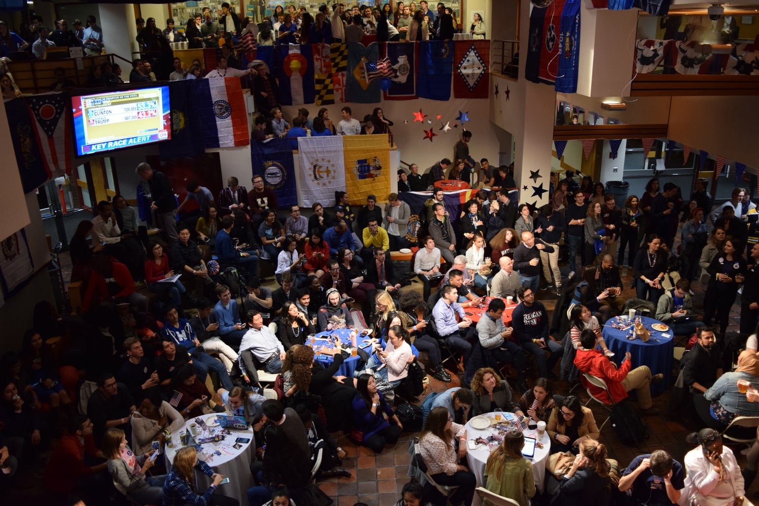 Students and professors fill the Institute of Politics on Tuesday night for a lotteried election watch party.