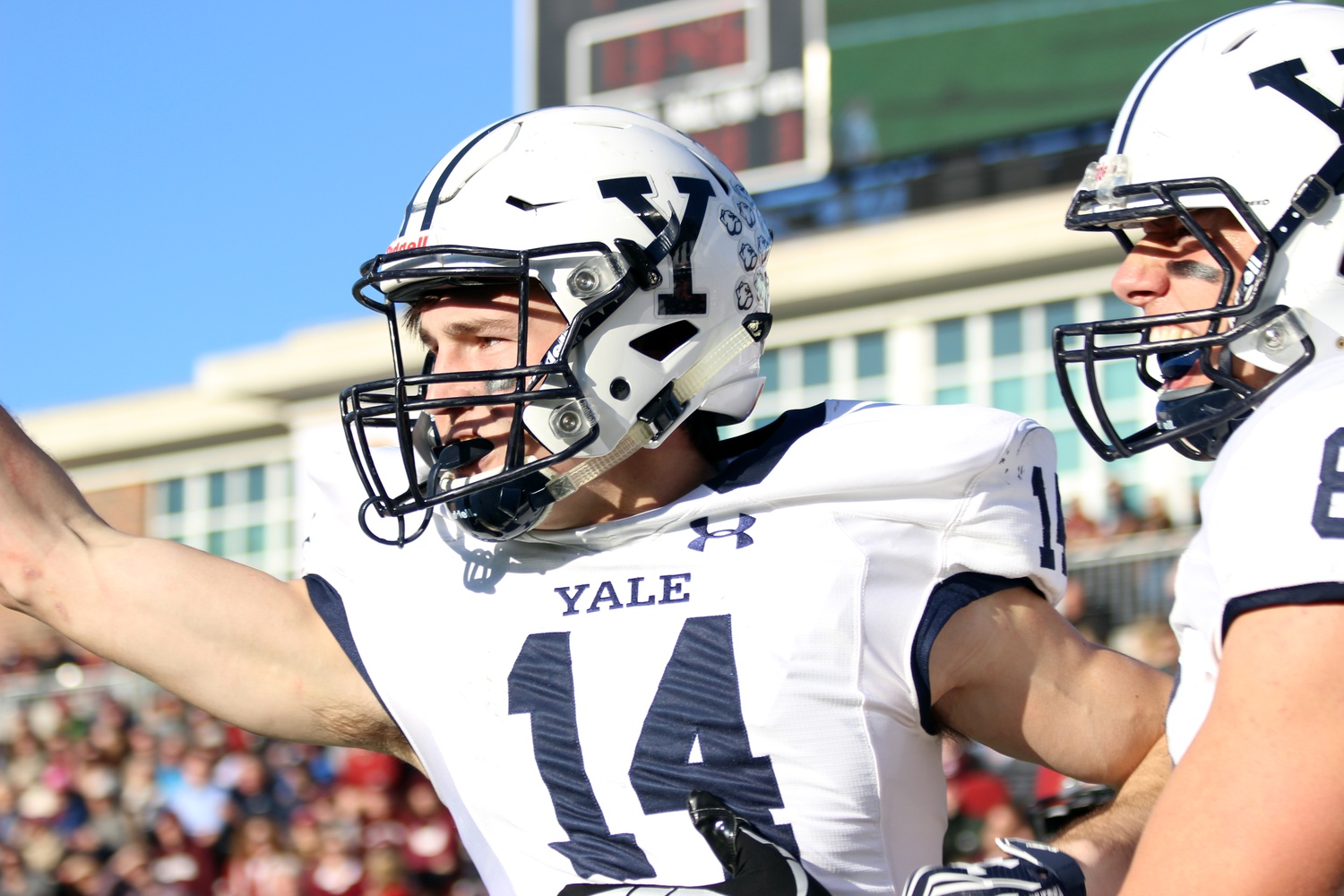 Yale wide receiver and freshman Reed Klubnik celebrates one of two successful touchdown catches Saturday afternoon.