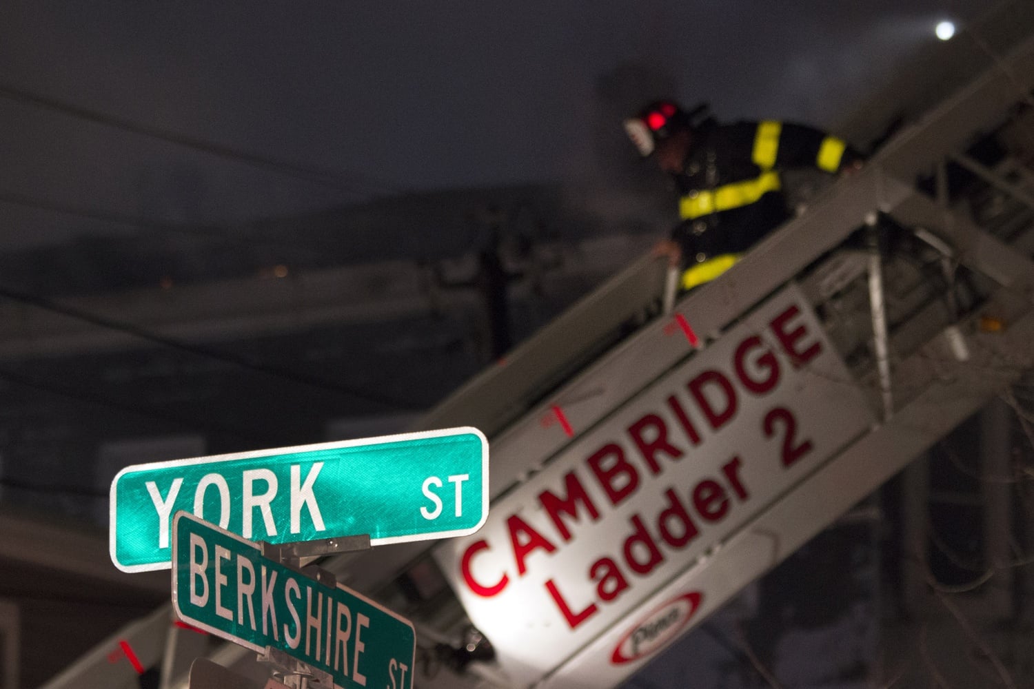 Several local fire departments respond to the 10-alarm fire in downtown Cambridge Saturday night.