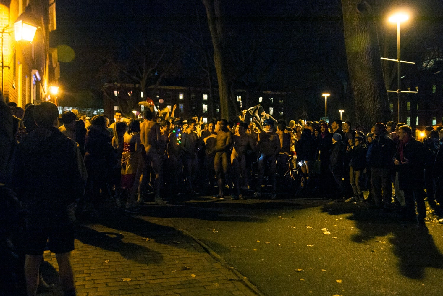 Braving the cold December air, hundreds of students gather in Harvard Yard late Friday night in anticipation of Primal Scream.