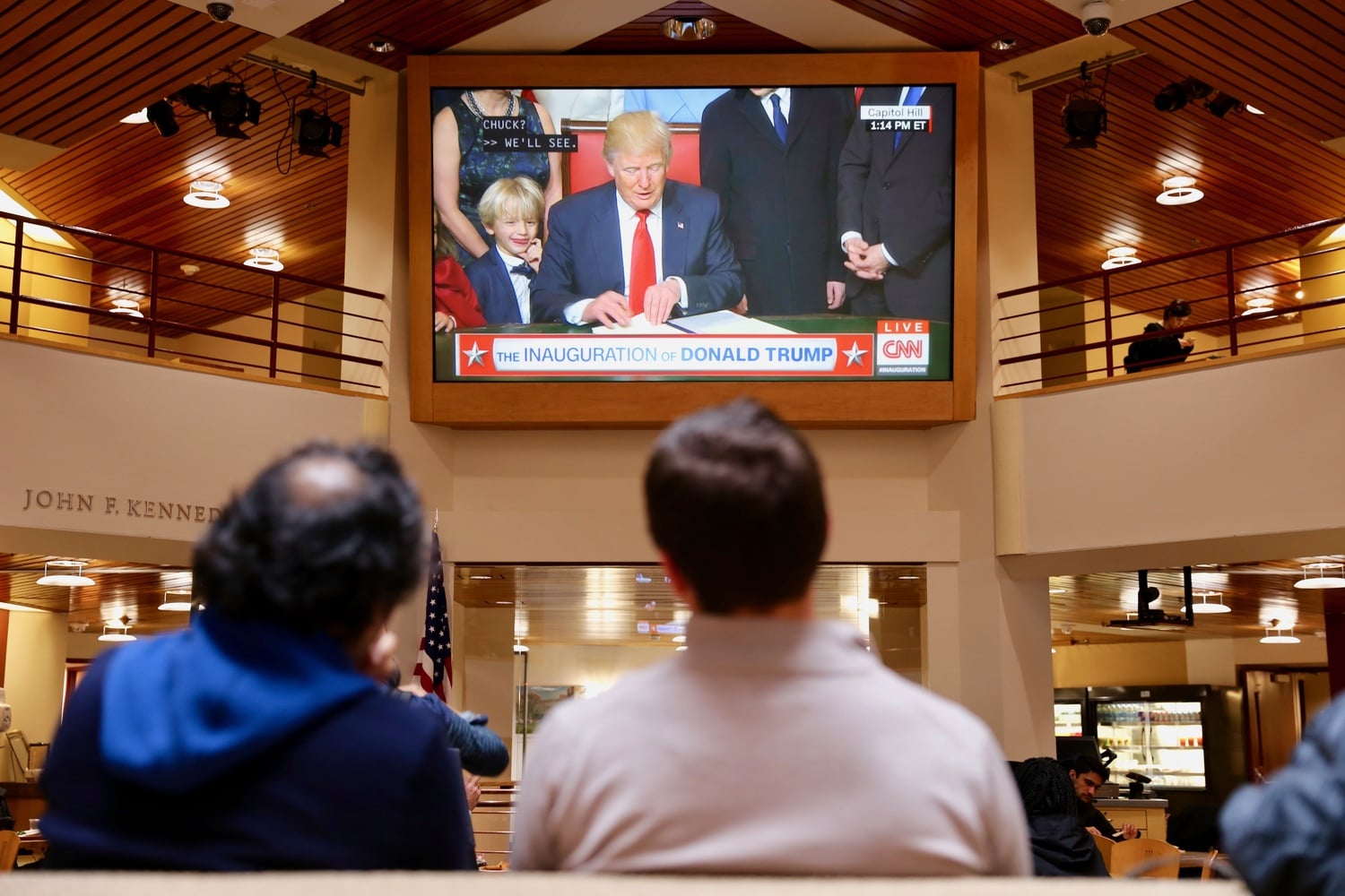 Harvard students and affiliates at the IOP watch the inauguration of Donald Trump in 2017.