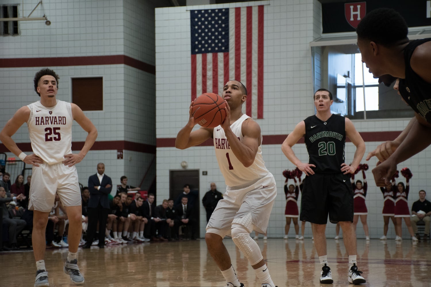 Co-Captain Siyani Chambers prepares for a free throw against Dartmouth on Saturday. Harvard's strong defense led to an 82-68 victory against the Big Green.