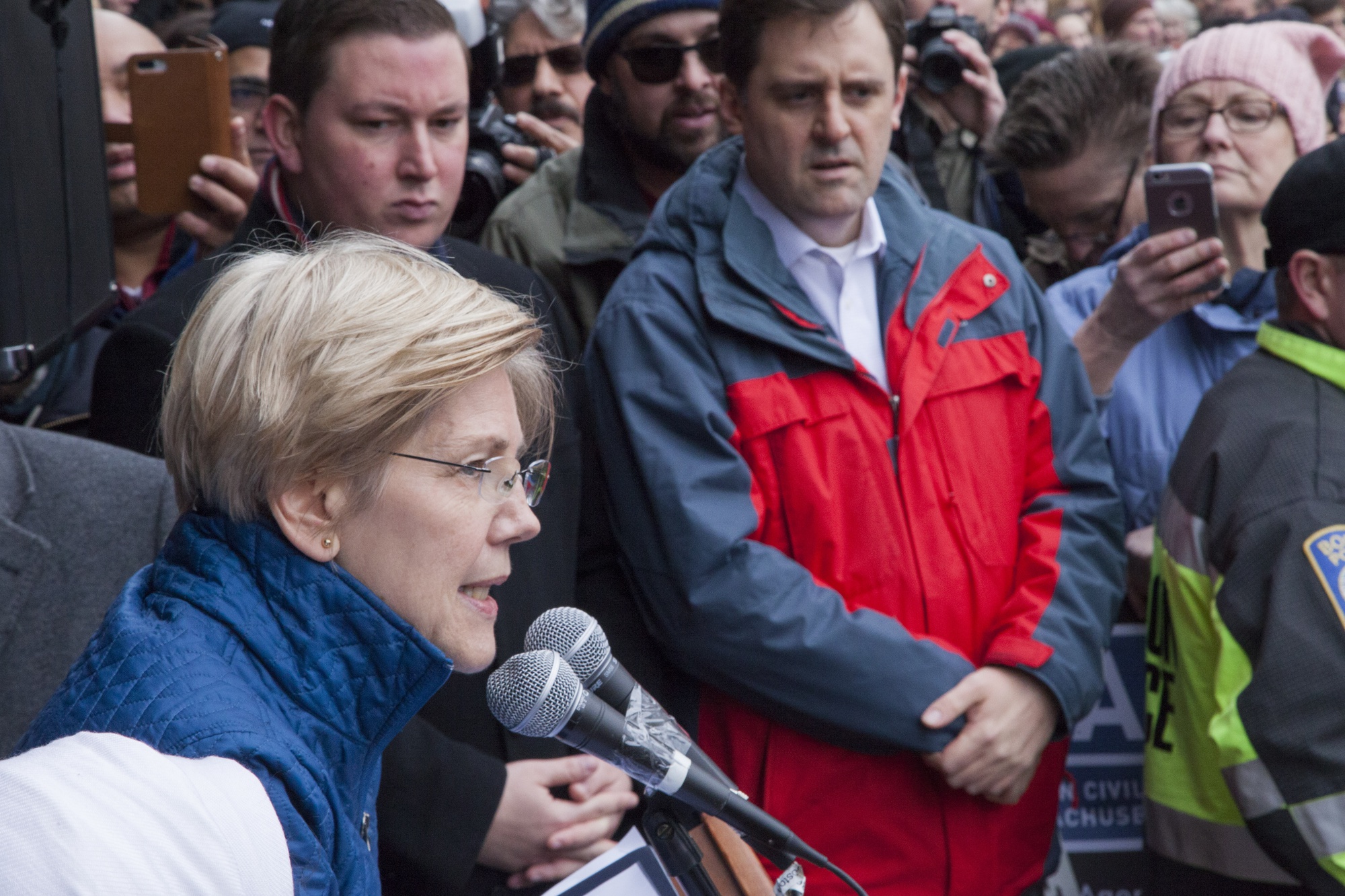 Mass. Senator Elizabeth Warren urges demonstrators to continue opposing President Donald Trump’s immigration ban during a rally in Boston’s Copley Square Sunday afternoon.