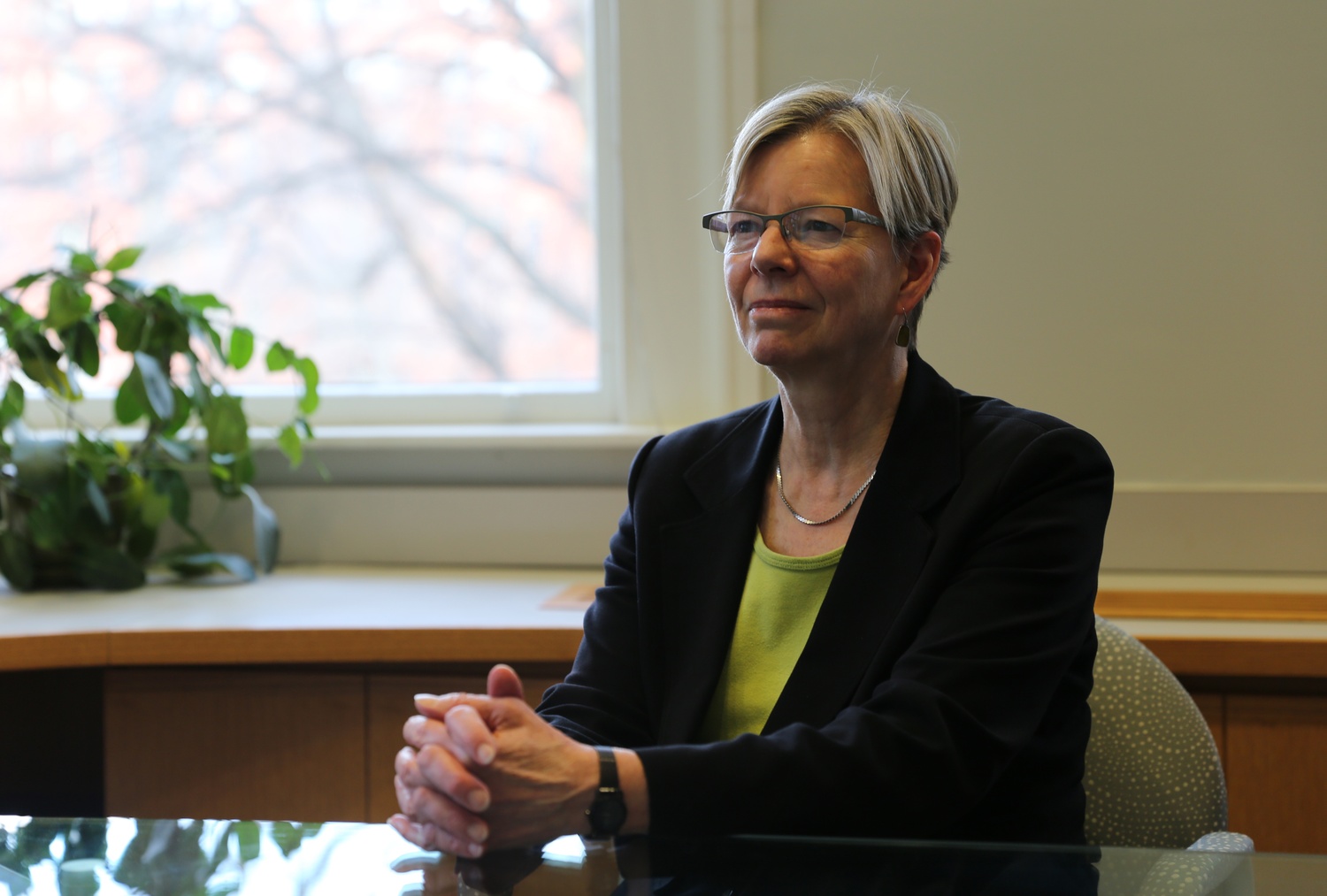 Dr. Cherry A. Murray, the Benjamin Peirce Professor of Technology and Public Policy sits at her desk. 
