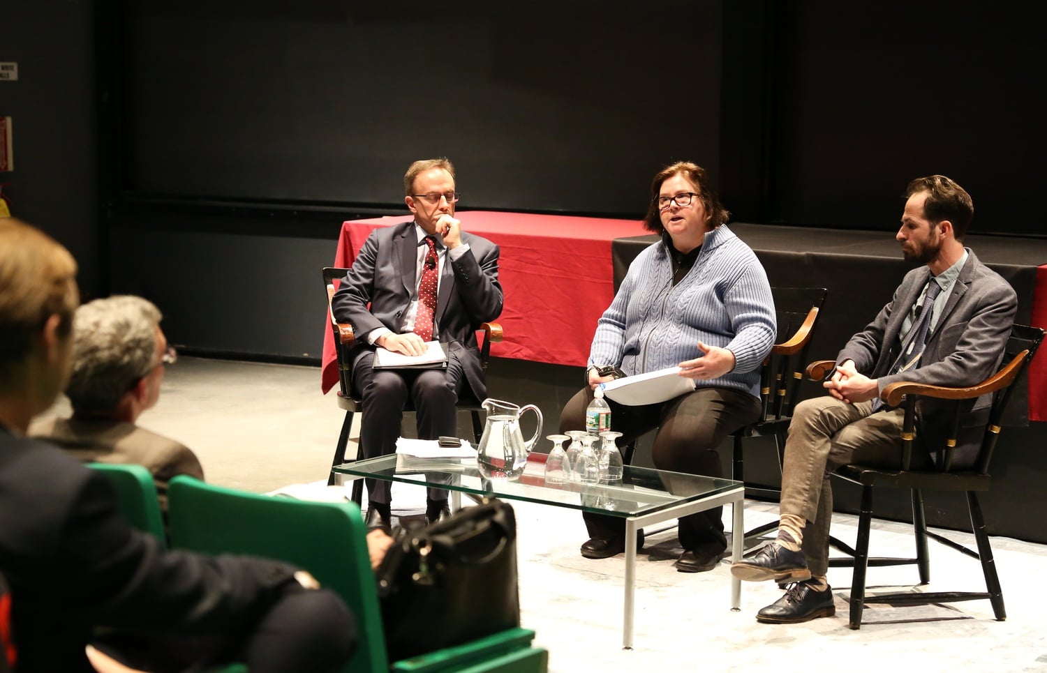 Harvard officials speak at a town hall in Science Center B. The town hall addressed travel issues resulting from President Donald J. Trump's executive order on immigration.