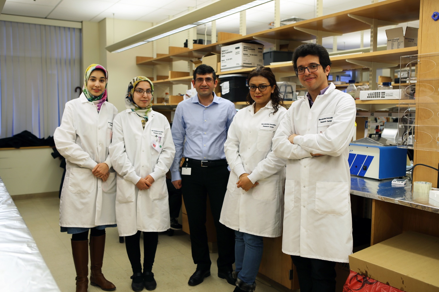 Professor Ali Khademhosseini's laboratory at Harvard Medical School boasts more than a dozen affiliates who come from countries listed on Trump's order, including (from left to right) Elaheh Zare, Fatemeh Sharifi, Ali Tamayol, Elmira Jalilian, and Pooria Mostafalu.