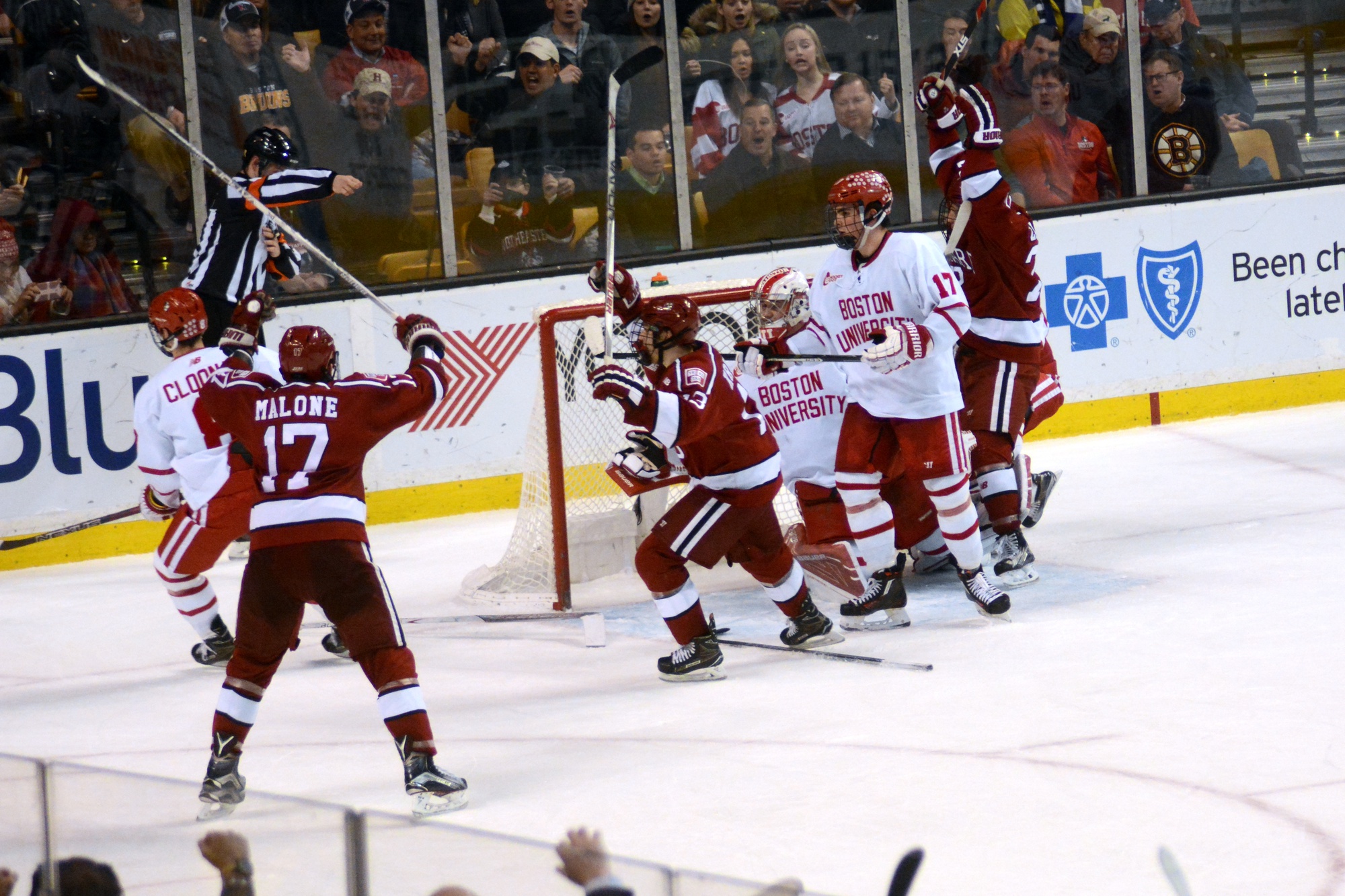Freshman forward Nathan Krusko scores Harvard's go-ahead goal in the second period of the Beanpot finals Monday evening. Named the Most Valuable Player, Krusko finished the night with two goals and an assist.