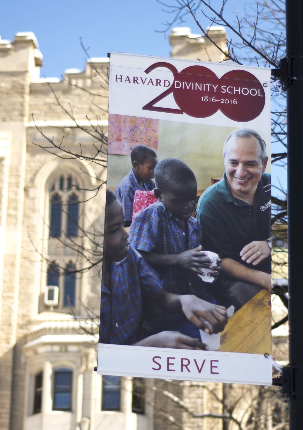Banners around the Divinity School celebrate the 200th anniversary of its founding. 
