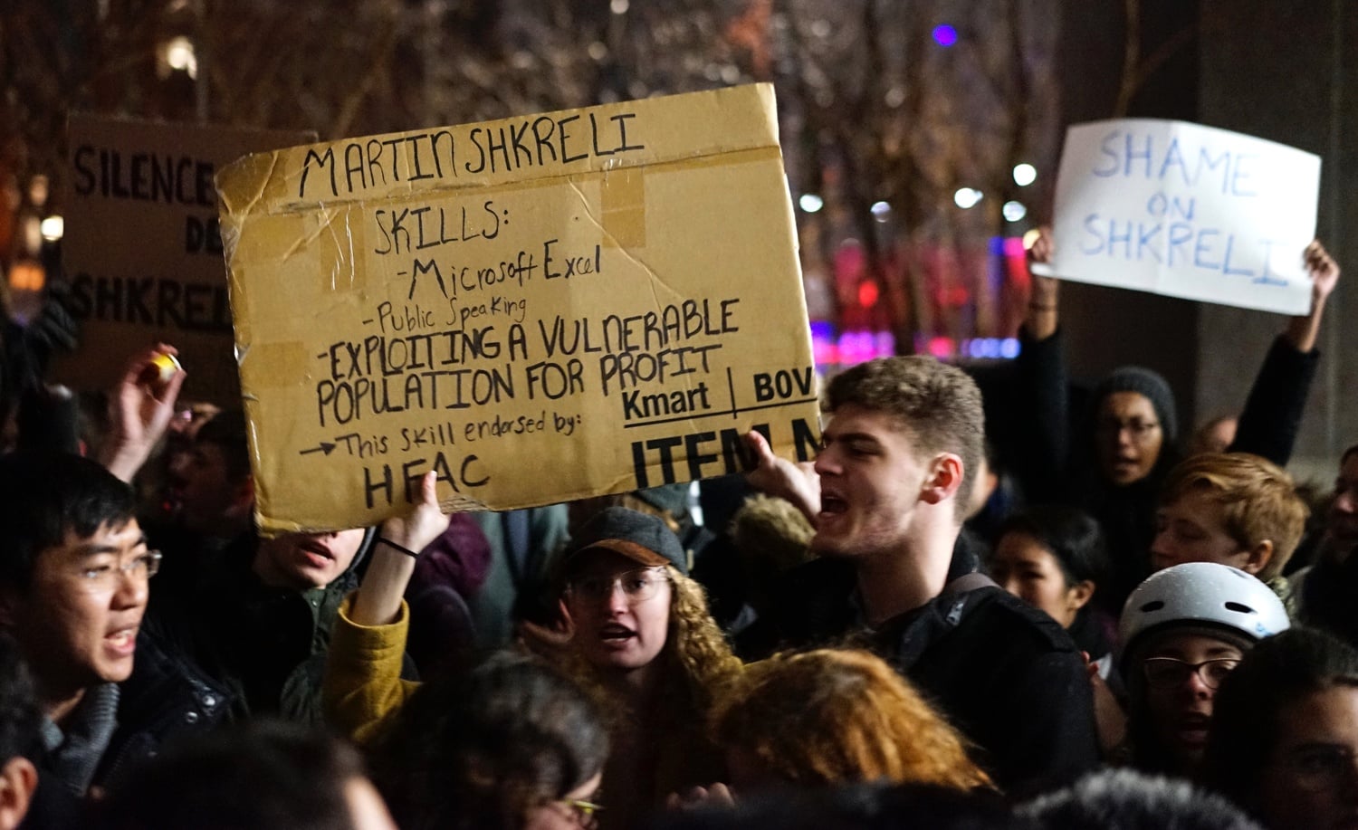 Students protest Martin Shkreli outside the Science Center.