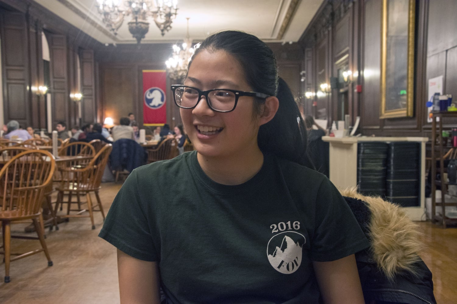 Rebecca Chen '20, the founder of the Facebook page "Harvard Memes for Elitist 1% Tweens" speaks about her social media success in Eliot Dining Hall on Tuesday.