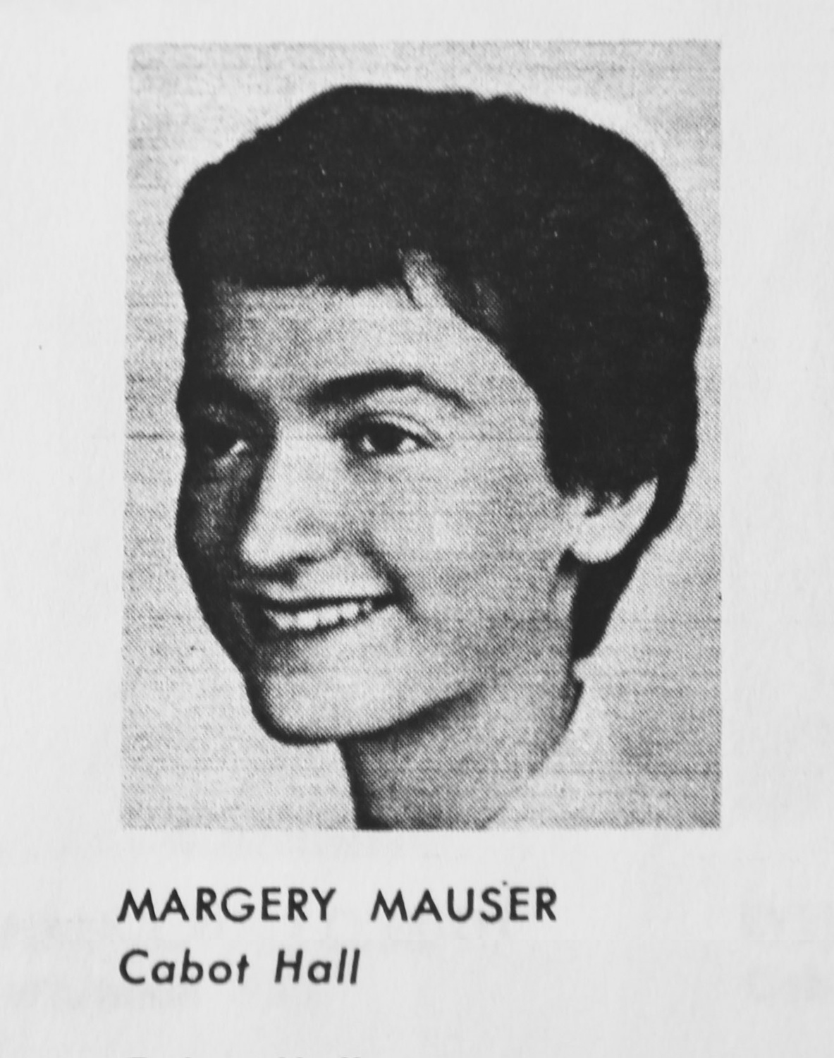Margery M. Sabin '60 in her Freshman Register photo. Sabin survived an attempted assault by an intruder who entered through her dorm window. 