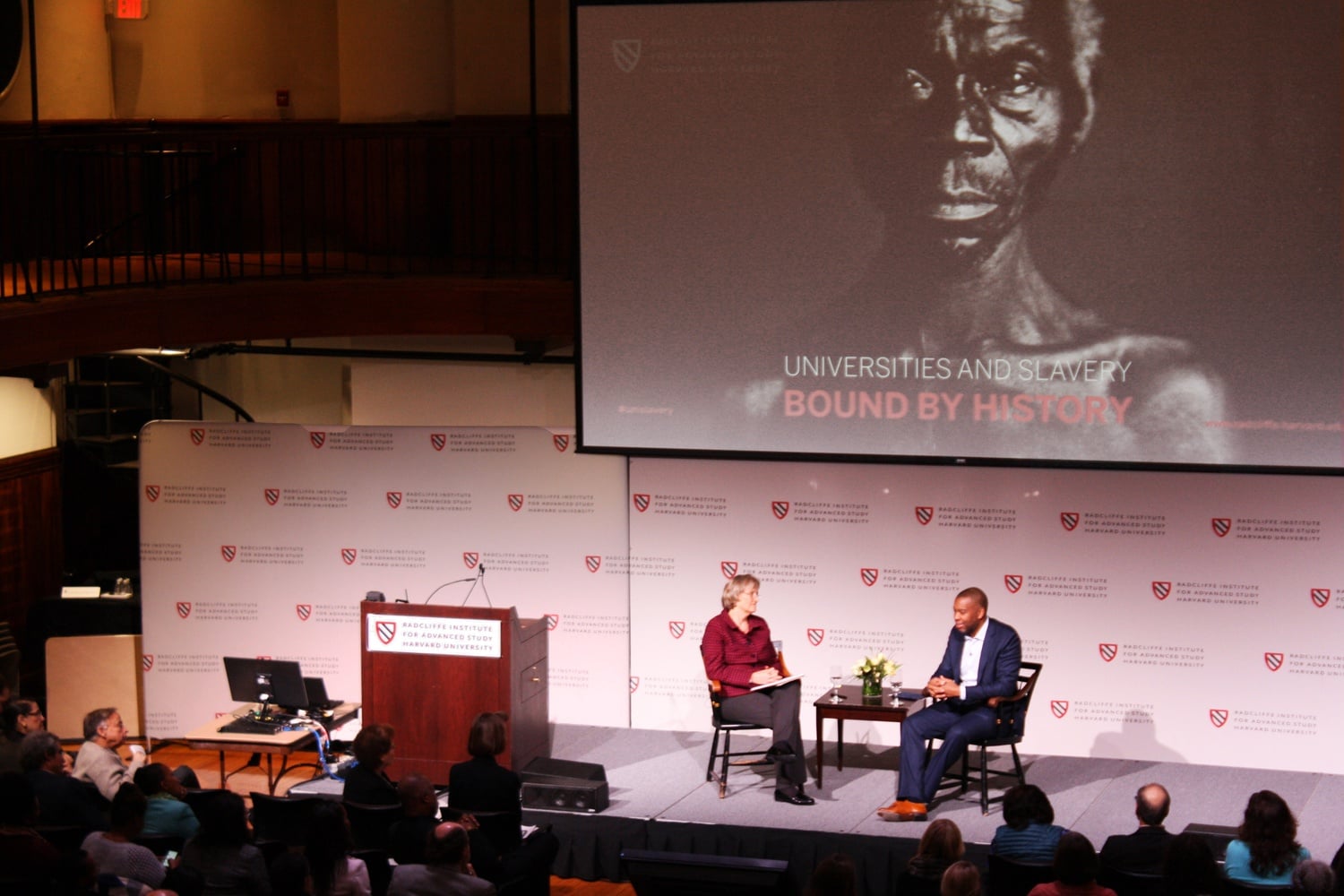 President Drew G. Faust and Ta-Nehisi Coates, a national correspondent for The Atlantic, talk at the Radcliffe Institute's conference "Universities and Slavery: Bound by History" on Friday morning.