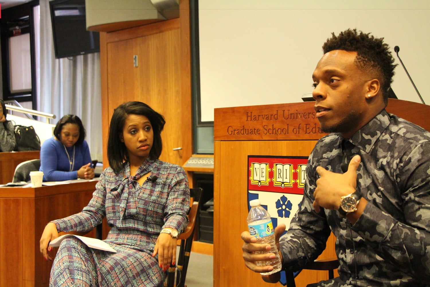Denver Broncos linebacker Brandon Marshall speaks in conversation with federal policy advisor Joiselle Cunningham on Saturday morning. Marshall was a featured guest and 2017 Courage Award recipient at the Grad School of Education's 15th annual Alumni of Color Conference that took place March 2 through March 4.