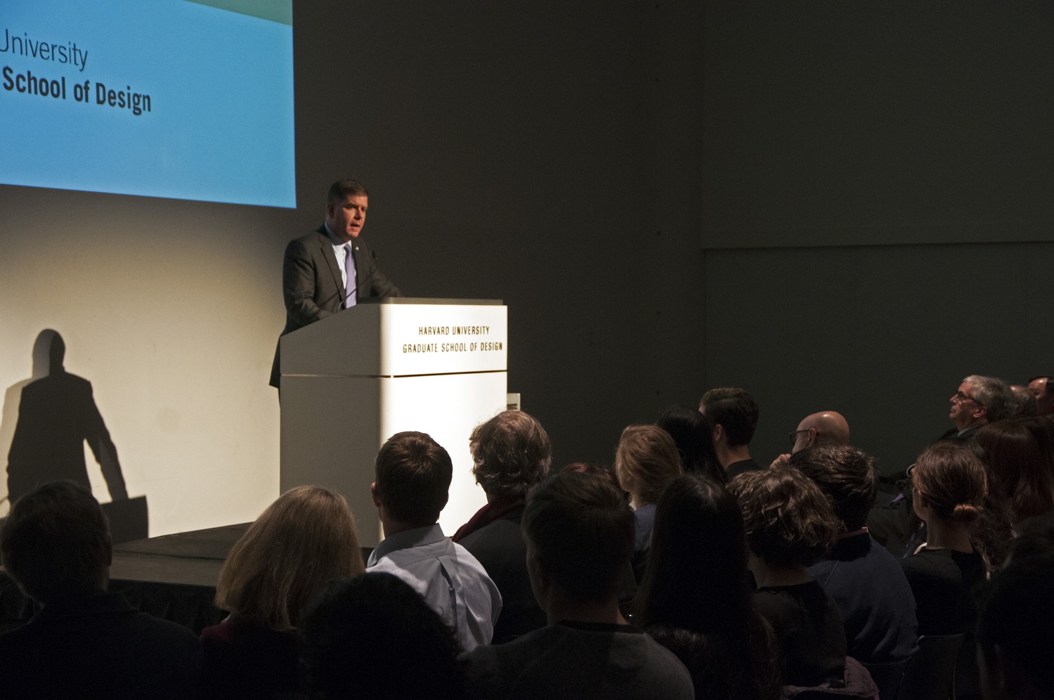 Boston Mayor Martin J. Walsh gives a talk at the Harvard Graduate School of Design about his housing development plans for Boston.
