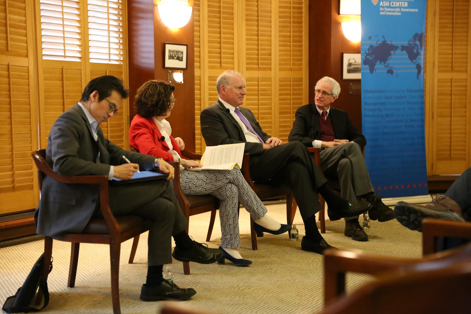 Former Massachusetts assistant attorney general Sarah Wald, George Jepsen, current attorney general of Connecticut, and James Tierney, former attorney general of Maine, discuss progressive federalism and the role of the attorney generals in government in a talk hosted by Archon Fung.