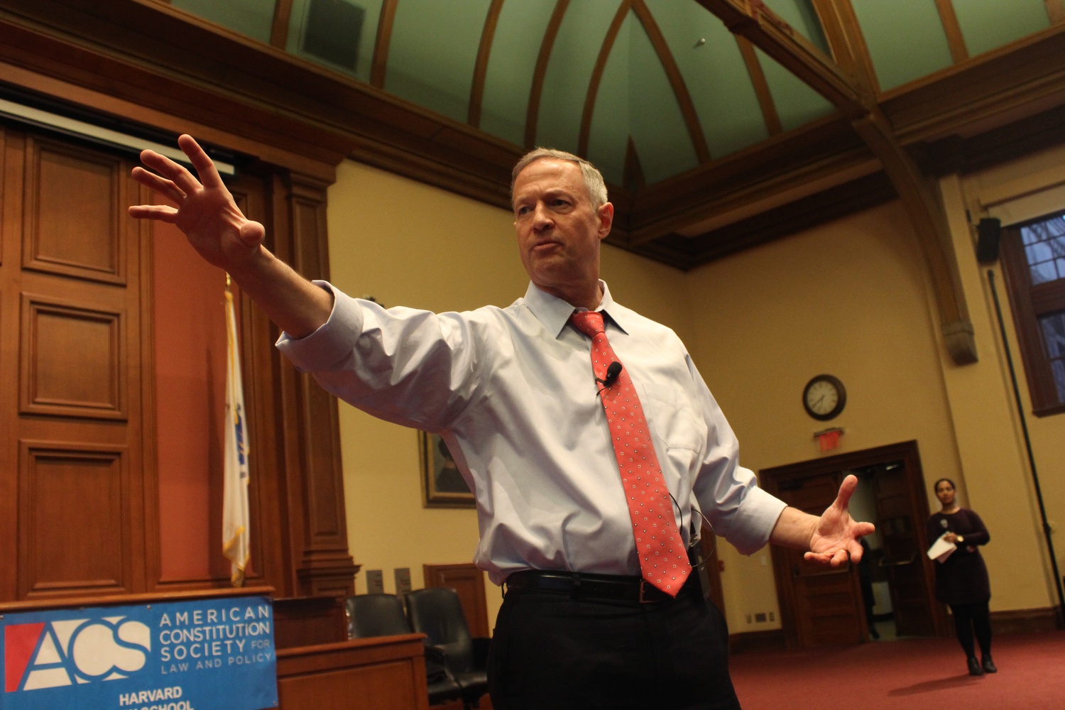 Former Maryland Governor Martin O'Malley gave a short lecture on the future of progressive politics at Austin Hall in Harvard Law School Tuesday night.