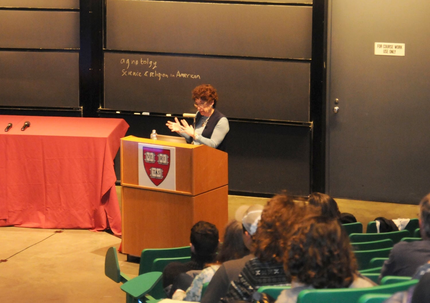 Professor Naomi Oreskes speaks to an audience in Science Center Hall B on Wednesday night. Her speech, entitled “The Scientist as Sentinel,” focused on scientists speaking publicly on contested issues, including nuclear weaponry, ozone depletion, and climate change.