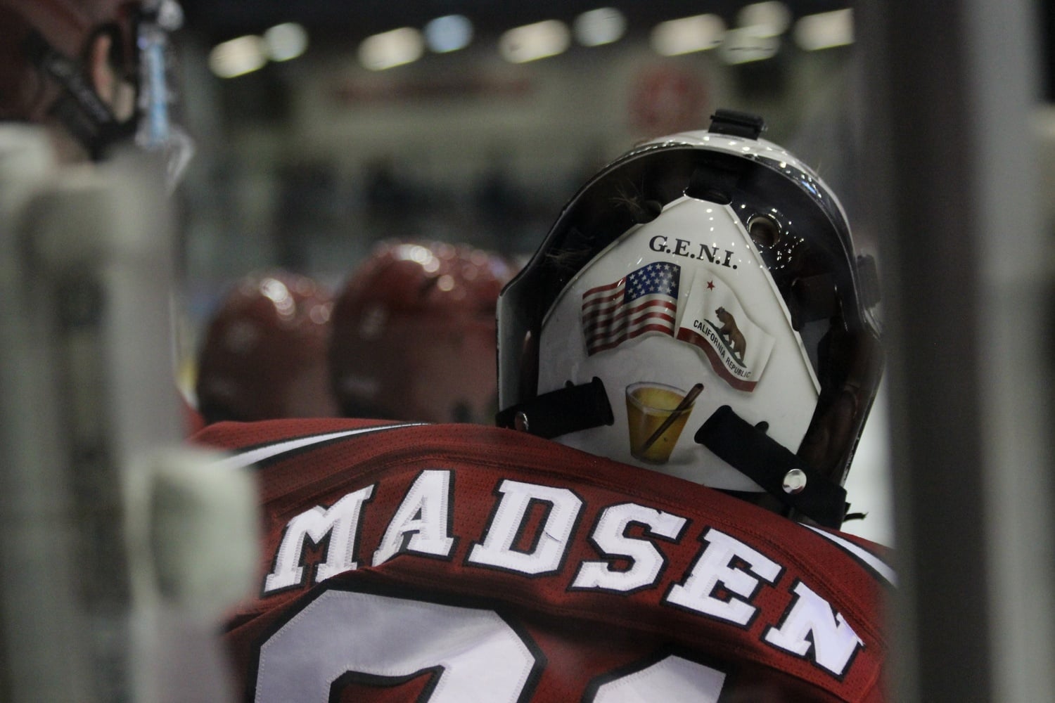 In addition to the G.E.N.I. acronym, the back of Merrick Madsen's helmet features the flag for his home state of California.