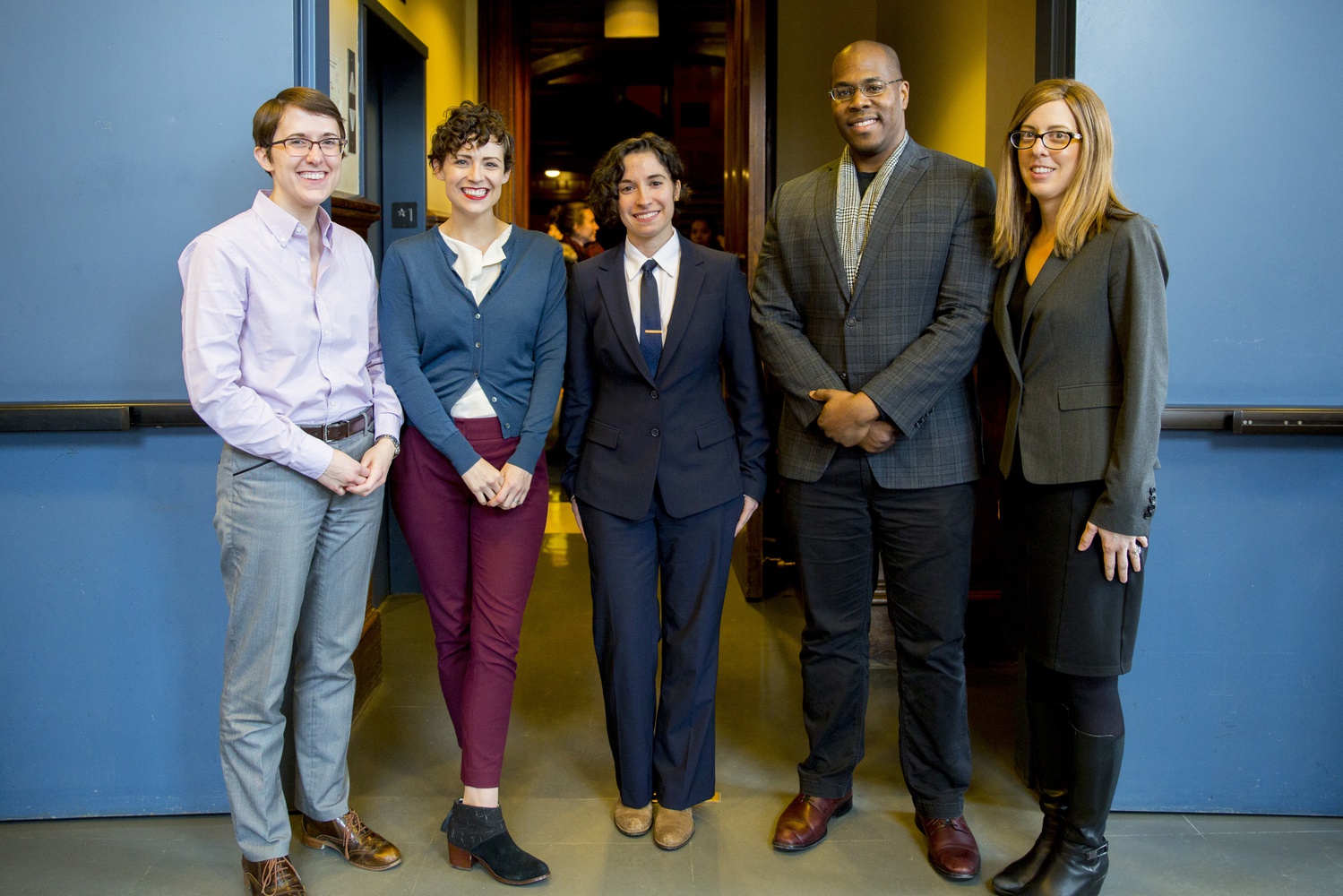 Harvard College Title IX Officer Emily Miller, OSAPR Director Alicia Oeser, Associate Title IX Officer Julia Sanz, Office of BGLTQ Student Life Director Sheehan Scarborough, Harvard Title IX Officer Nicole Merhill gather for a photo after the announcement of the partnership between their respective offices on Wednesday afternoon.