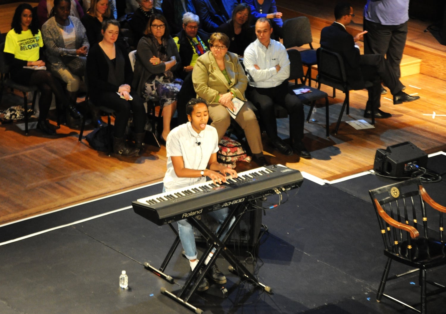Eden H. Girma '18 performs a song at the Afternoon of Engagement on Inclusion and Belonging on Wednesday.
