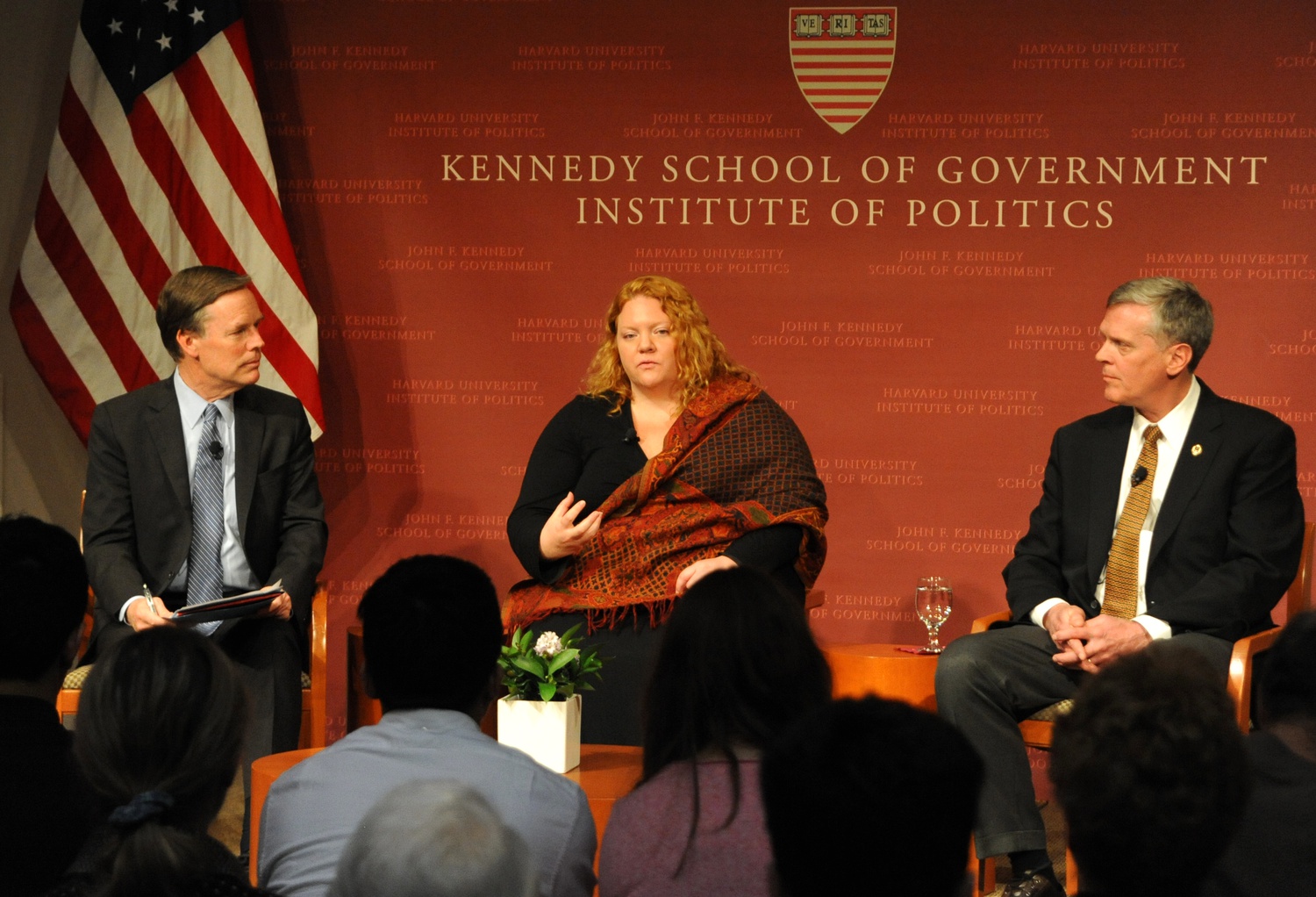 Kennedy School professor R. Nicholas Burns, Russia analyst Molly K. McKew (center), and Ret. Brigadier General Kevin Ryan (right) discuss the political climate currently surrounding the U.S. and Russia at a talk hosted at the Institute of Politics Wednesday evening.