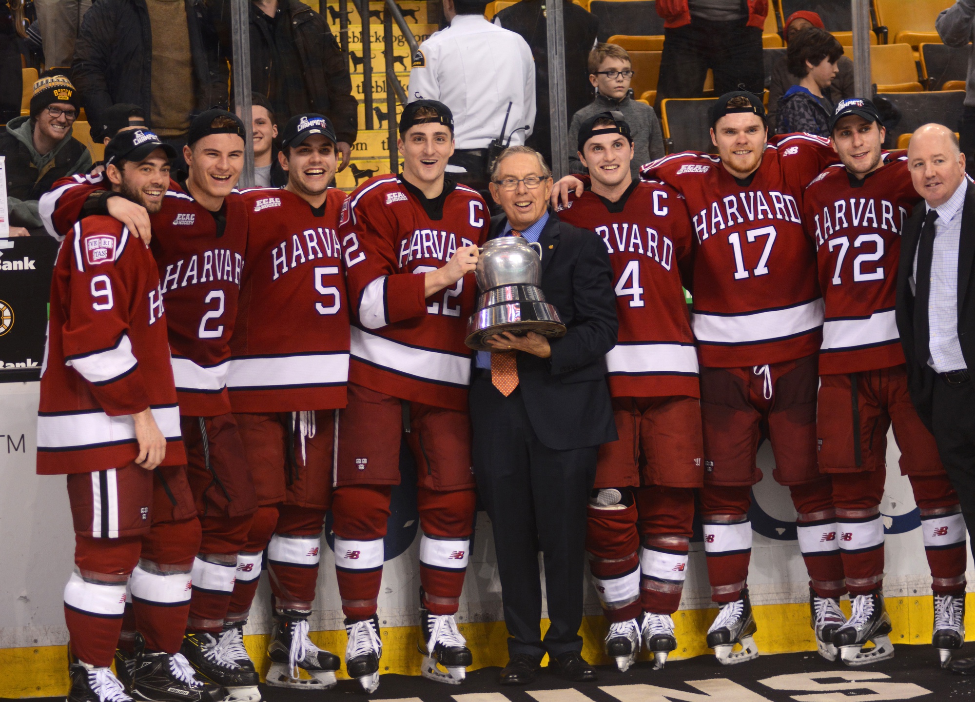 Harvard's senior class, shown receiving the Beanpot trophy back in February, heads to Chicago two wins away from the program's first national championship since 1989.