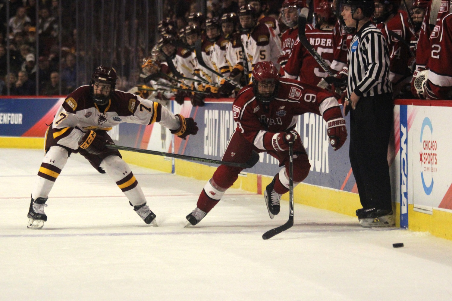 Senior forward Luke Esposito breaks away during Thursday evening's Frozen Four game in Chicago.