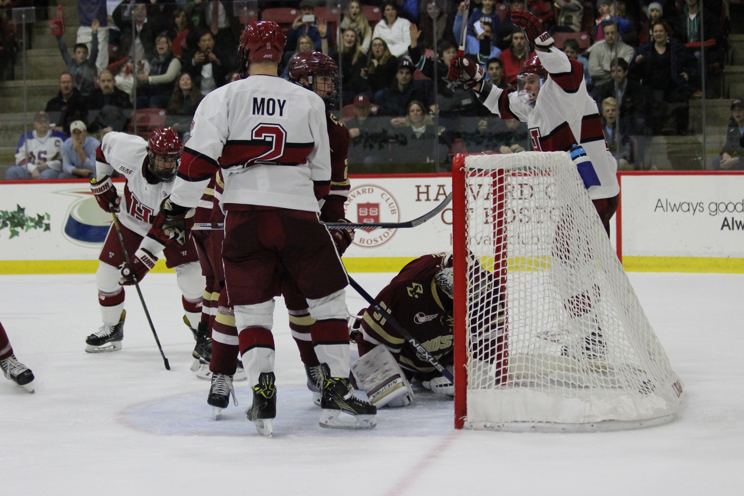 Linemates Sean Malone, Tyler Moy, and Luke Esposito—all shown here in action this season against Boston College—signed professional hockey contracts after Harvard's season came to an end on April 6.