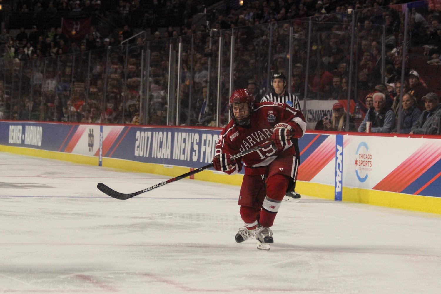 Skating primarily on the third line, junior forward Jake Horton—shown in action at the Frozen Four—logged six goals and seven assists this season.