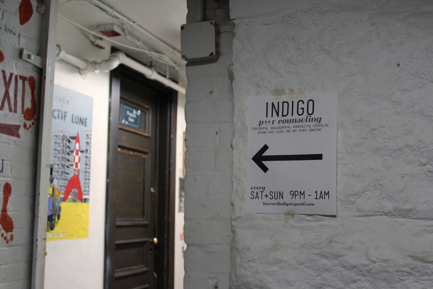 The Indigo Peer Counseling office is located in the Randolph Hall basement of Adams House.