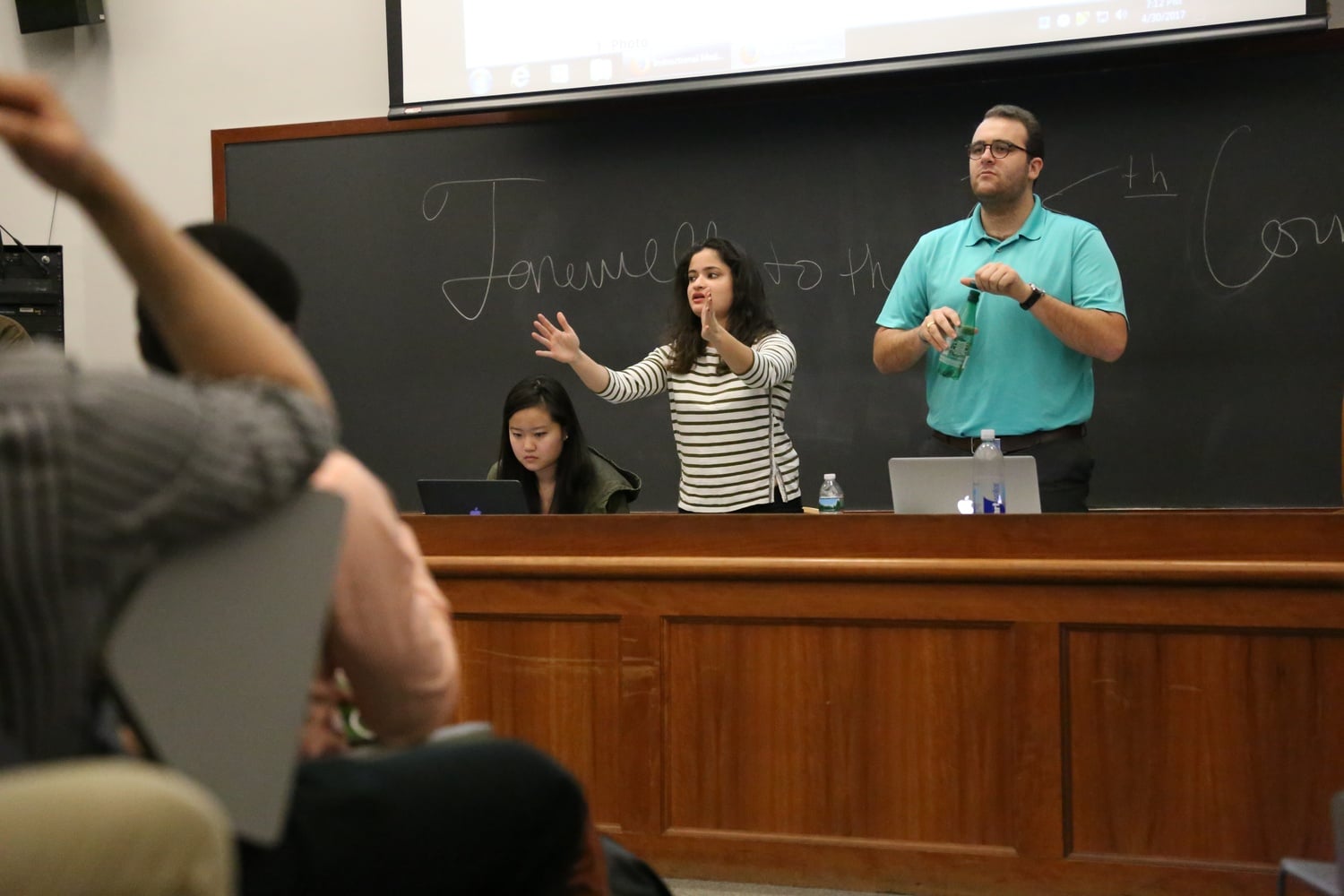 UC President Yasmin Z. Sachee ‘18 and Vice President Cameron K. Khansarinia ‘18  address the Council during their last meeting of the academic year. 